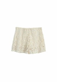 Nettishorts valkoisessa, joissa on kukkakuosi ja aaltoileva helma. Kevyt materiaali, jossa on tekstuuripinta. Rennonmallinen leikkaus ja vyötärö.