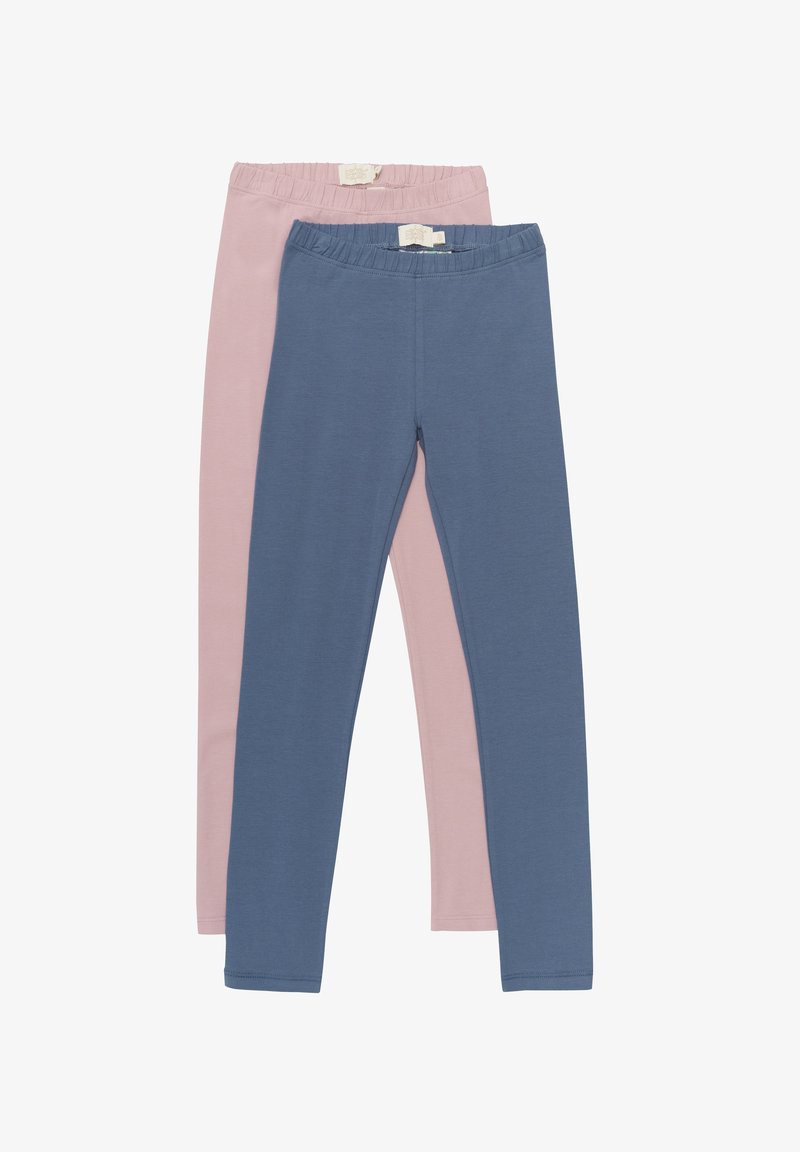 Deux paires de leggings extensibles ; l'une rose clair et l'autre bleue. Les deux présentent des ceintures élastiques et un matériau en coton lisse et doux.