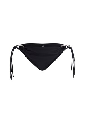 Black bikini bottom featuring a triangular shape, adjustable tie sides, and decorative silver accents on the waistband. Smooth fabric texture.