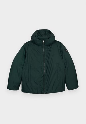 Dunkelgrüne Daunenjacke mit hohem Kragen und abnehmbarer Kapuze, ausgestattet mit einem zentralen Reißverschluss und zwei Seitentaschen. Glatte Textur, minimale Markenkennung.