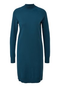 Abito maglione teal con collo alto, maniche lunghe e polsini a coste. Il tessuto ha una consistenza morbida e una silhouette dritta.