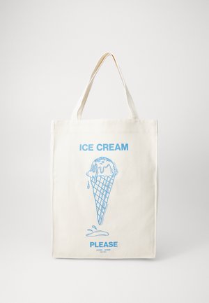 Cotton tote bag in natural cream color featuring a blue ice cream cone graphic with melting details and the text “ICE CREAM PLEASE” below.