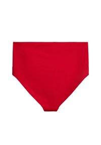 Röda simbyxor med en enfärgad, hög midja design, slät textur och rena sömmar. Inga ytterligare mönster eller hårdvarudetaljer.