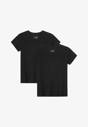 Kaksi mustaa crew-neck t-paitaa, joissa on lyhyet hihat. Valmistettu pehmeästä, sileästä kankaasta, jossa on klassinen muotoilu ja ei näkyviä kuvioita tai malleja.