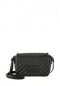 Schwarze, gesteppte Umhängetasche aus strukturiertem synthetischem Material. Verfügt über einen verstellbaren Riemen und eine rechteckige Vorderseite mit Logo.