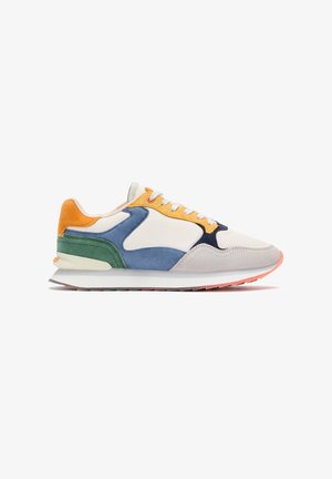Sneakers featuring a mixed material design with suede and mesh in white, orange, blue, green, and grey. Rubber sole with an orange accent.