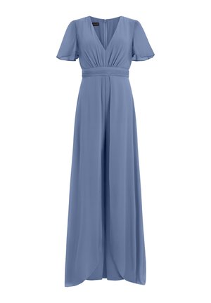 Lichtblauwe jurk tot op de grond met korte, wijd uitstaande mouwen, V-hals en een taille met geplooide details.