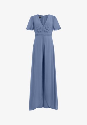 Lyseblå gulvlængde kjole med korte flagrende ærmer, V-hals og talje med plisseret detalje.