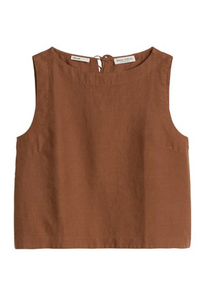 Haut marron en lin sans manches avec encolure ronde et petite fermeture nouée au dos.