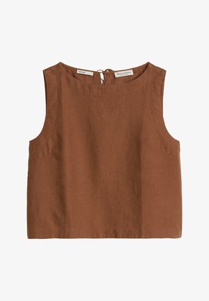 Ärmelloses braunes Leinentop mit rundem Ausschnitt und kleinem Schleifenverschluss hinten.