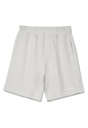 Light grey athletic shorts made from soft fabric. Features an elastic waistband, side pockets, and a logo print on the lower hem.