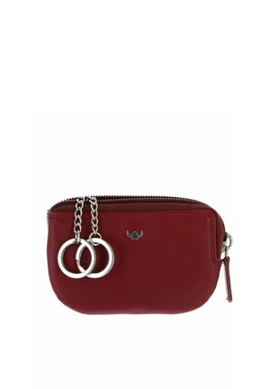 Small dark red leather coin pouch with zipper closure and two attached silver key rings on chains.