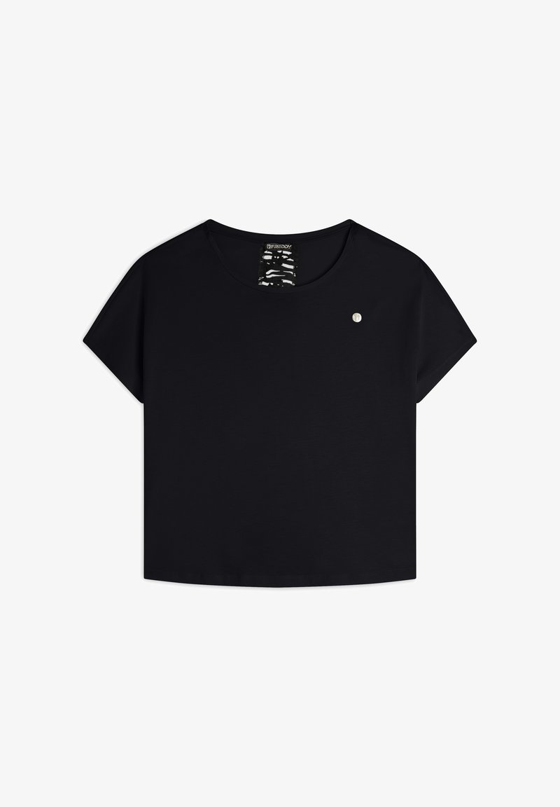 T-shirt nera corta con maniche corte, scollatura rotonda, texture morbida e piccolo logo accentato sul lato sinistro anteriore.