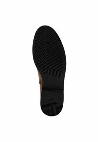 Suela de goma negra con patrones de agarre texturizados, con un superior de cuero marrón suave. Incluye el indicador de tamaño "37" en la suela.