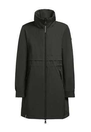Mörkgrön, långärmad jacka med hög krage, framdragkedja och två sidofickor; tillverkad av ett slätt, vattenavvisande material.