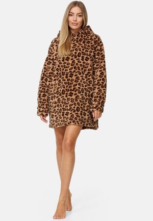 Hoodie aus Leopardenmuster aus Fleece mit langen Ärmeln, weichem Material und lockerer Passform, die bis zur Mitte des Oberschenkels reicht.