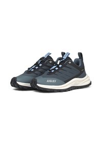 Herren-Wanderschuhe mit einem dunkelblauen und grauen Design, featuring ein glattes Obermaterial, Schnürsenkel mit blauen Akzenten und einer robusten schwarzen Außensohle.