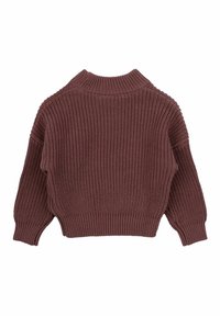 Brun stickad tröja med hög krage. Har ett texturerat ribbat mönster och sänkt axelsöm. Kort längd med åtsittande muddar.
