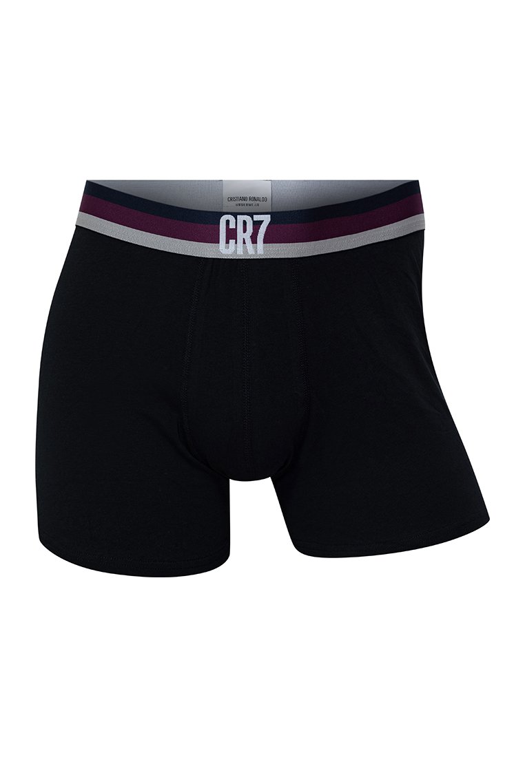 Boxer ajustados negros de algodón con una suave cinturilla elástica que presenta la marca CR7 en franjas de color blanco, azul oscuro y burdeos.