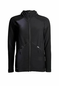 Svart zip-up hoodie i stretchigt tyg, med två snedställda fickor med dragkedja framtill och en huva med hög krage.