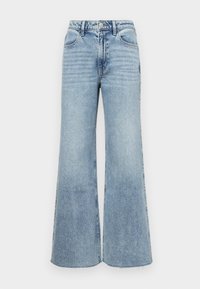 Ανοιχτό μπλε τζιν παντελόνι με καμπάνα, ψηλή μέση, πεντάτσεπη σχεδίαση και διακριτική φθορά. Περιλαμβάνει κλείσιμο με κουμπί και φερμουάρ.