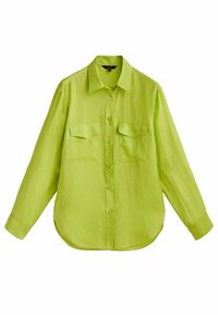 Lime green long-sleeve shirt with a collared neck, two chest pockets, button-down front, and a rounded hem. Made of lightweight fabric.