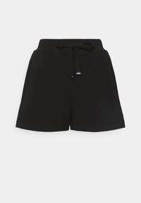 Shorts noirs en tissu doux, dotés d'une ceinture élastique avec cordon de serrage et de poches latérales. Ourlet plat sans motifs ni accents.