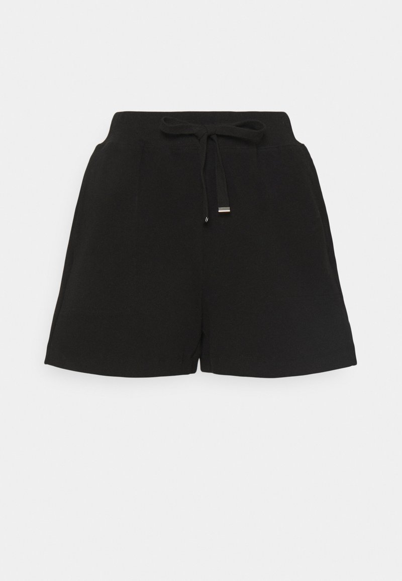 Shorts noirs en tissu doux, dotés d'une ceinture élastique avec cordon de serrage et de poches latérales. Ourlet plat sans motifs ni accents.