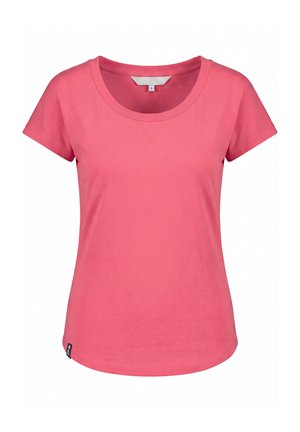 Schlichtes, rosa Damen-T-Shirt mit kurzen Ärmeln und Rundhalsausschnitt, kleine schwarze Markentags auf der unteren linken Seite, Größe S.