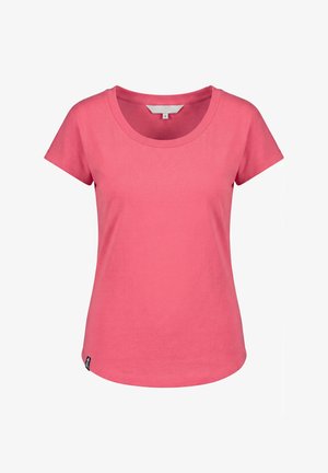 Schlichtes, rosa Damen-T-Shirt mit kurzen Ärmeln und Rundhalsausschnitt, kleine schwarze Markentags auf der unteren linken Seite, Größe S.