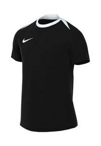 Camiseta deportiva negra de manga corta, hecha de tela lisa, con cuello redondo blanco y logo de Nike en el pecho.