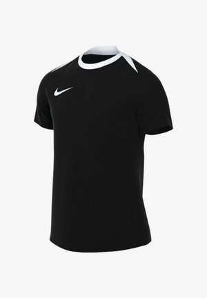 Black short-sleeve athletic shirt made of smooth fabric, featuring a white round neckline and Nike logo on the chest.