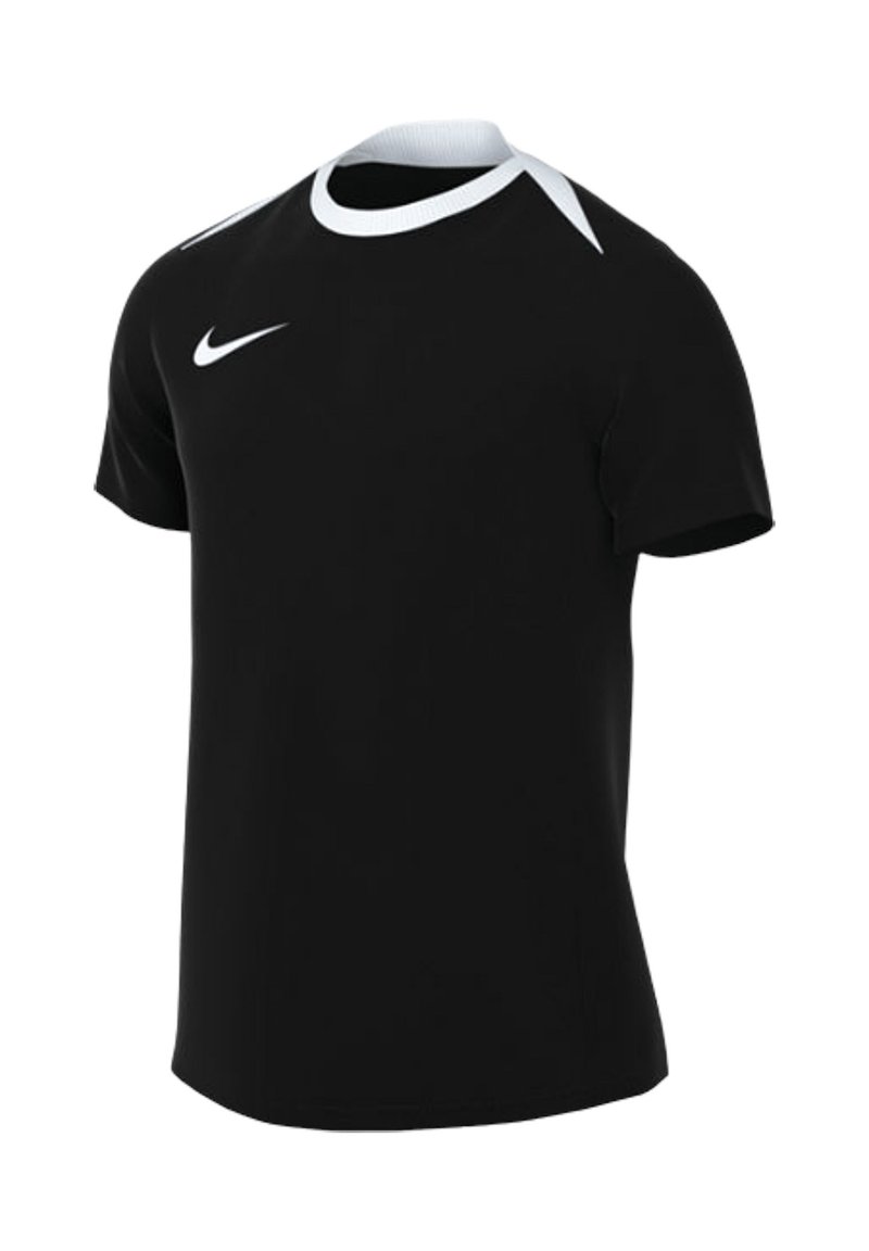 Camiseta deportiva negra de manga corta, hecha de tela lisa, con cuello redondo blanco y logo de Nike en el pecho.