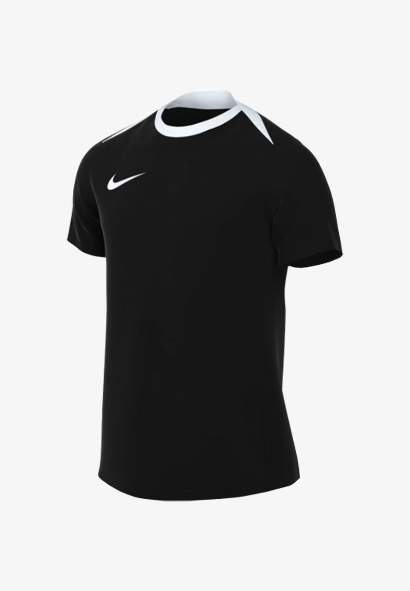 Camiseta deportiva negra de manga corta, hecha de tela lisa, con cuello redondo blanco y logo de Nike en el pecho.