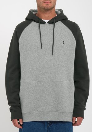 Gray and dark green hoodie with a drawstring, raglan sleeves, and a logo detail on the chest. Made of soft, textured fabric.