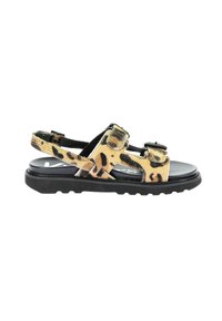 Sandalias de estampado de leopardo con hebillas ajustables, suelas sintéticas negras y un diseño plano. La parte superior texturizada ofrece un aspecto moderno.