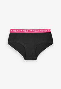 Culotte en coton noir avec une ceinture élastique rose portant le texte "NEXT" en motif répétitif. Coupe hipster standard ; texture lisse.