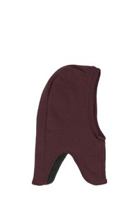 Bordeaux fleece-voering balaclava met verlengde nekbedekking en open gezicht, ontworpen voor warmte en gebruik buitenshuis.