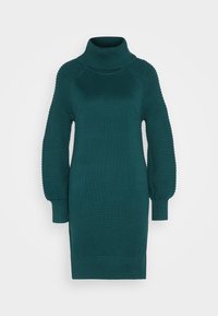 Robe tricotée en teal avec un col montant, des manches ballon texturées et des poignets côtelés. Longueur mi-cuisse avec une silhouette ajustée.