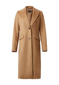 Camel-Wollmischungsmantel mit Reverskragen, einem Knopfverschluss, zwei Vordertaschen und gerader Schnittform. Weiche Textur, minimalistisches Design.