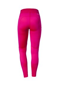 Leggings ajustados de cintura alta en tejido de color rosa brillante con costuras en contraste, que presentan una textura suave y sin bolsillos externos.