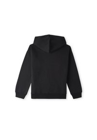 Sweatshirt à capuche noir avec des manches longues, des poignets et un ourlet côtelés. Texture lisse, design minimaliste, sans logos ou motifs visibles.