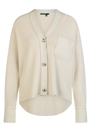 Cream ribbed cardigan with V-neck, three large round buttons, long sleeves, front patch pocket, and curved hem.