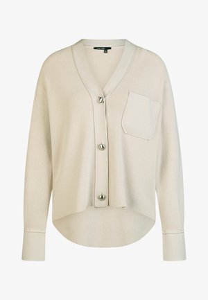 Cream ribbed cardigan with V-neck, three large round buttons, long sleeves, front patch pocket, and curved hem.