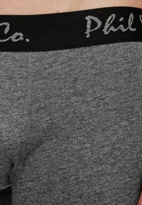 Šedé pánské boxerky z látky s černým elastickým pasem, na kterém je bílé logo "Phil Co.". Měkká textura s hladkým povrchem.