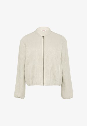 Veste bomber gris clair avec texture côtelée, fermeture éclair à l'avant et poches latérales. Elle présente des poignets élastiques et une coupe légèrement courte.