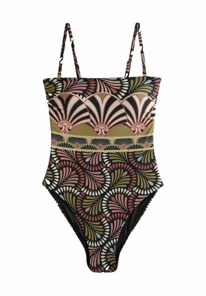 Eén delige zwemkleding met verstelbare bandjes, voorzien van een meerkleurig fanpatroon in roze, groen en zwart op een beige achtergrond.