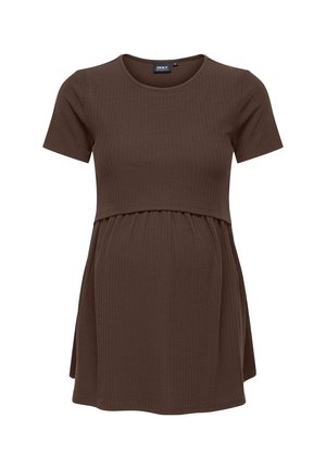 Smeđa plisirana trudnička haljina kratkih rukava s okruglim izrezom i imperijskim strukom.