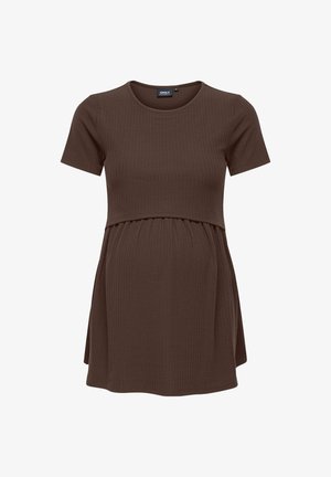 Brown ribbed short-sleeve maternity dress with a round neckline and empire waistline.