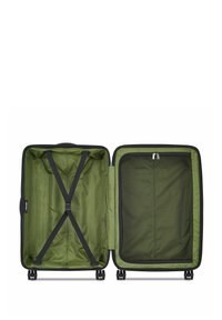 Valigia rigida verde con accenti neri, interno spazioso con cinghie incrociate e una tasca in rete con zip su un lato. Ruote scorrevoli.